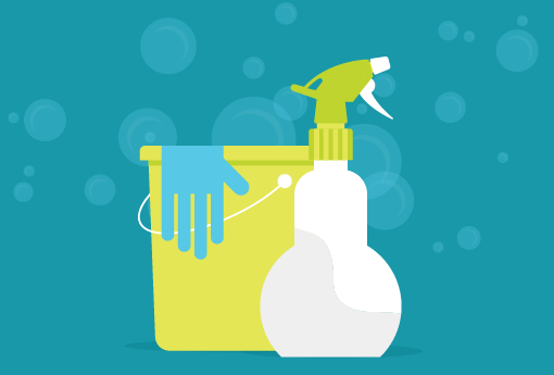 Cleaning bucket and materials to represent a brand refresh checklist