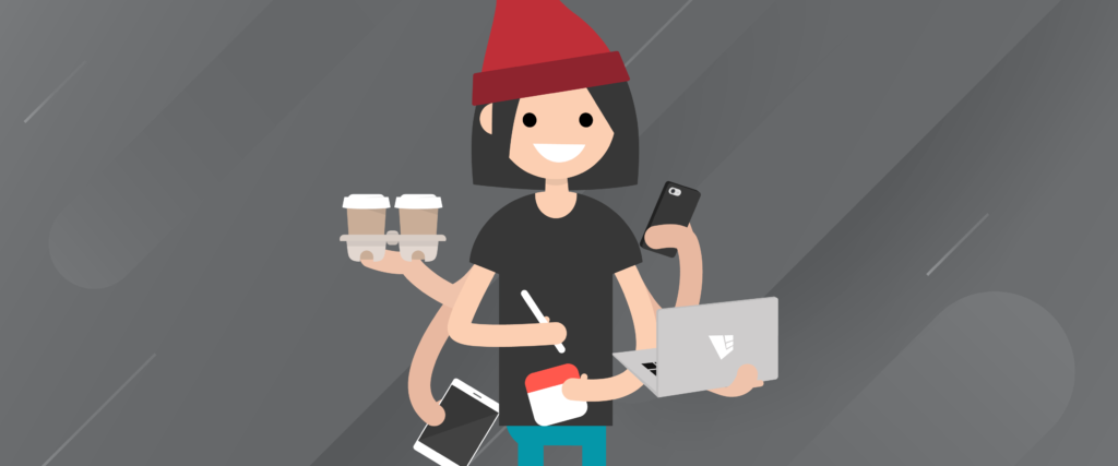 illustration of an Iowa marketing intern with a computer and coffee