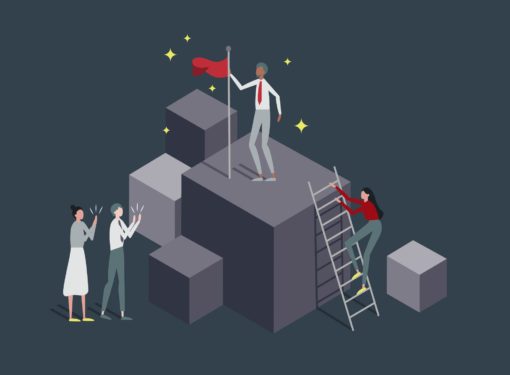 Employees of Lessing-Flynn on a pedestal being promoted