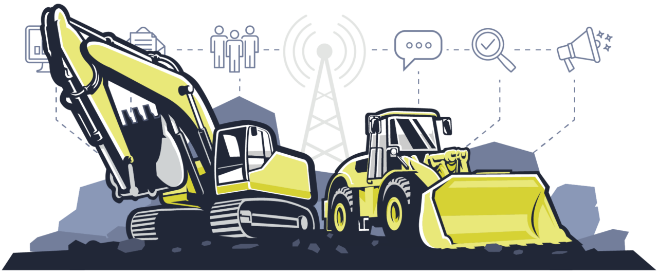 Illustration of excavator and wheel loader with marketing icons in the background