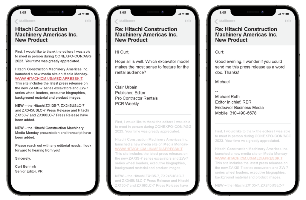 Mock-up of emails on a cell phone to and from media editors