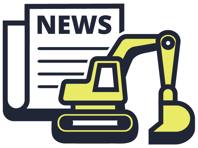 Excavator icon in front of a newspaper icon