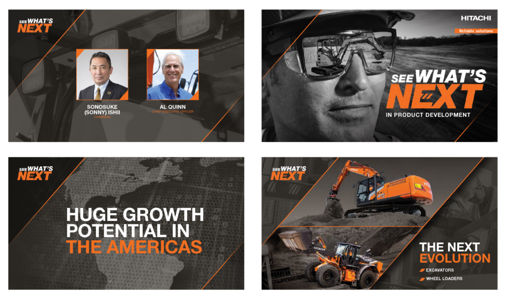 Sample pages from a media presentation including information on leadership and the See What's Next graphics