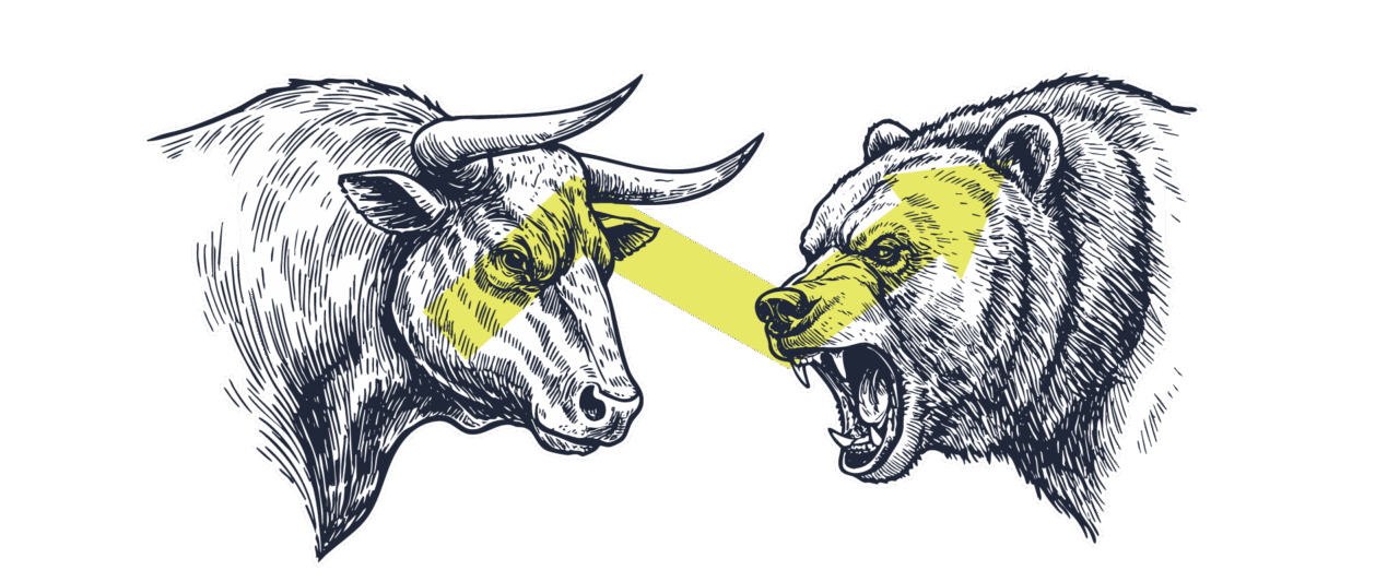Bull and bear illustrations facing off head to head