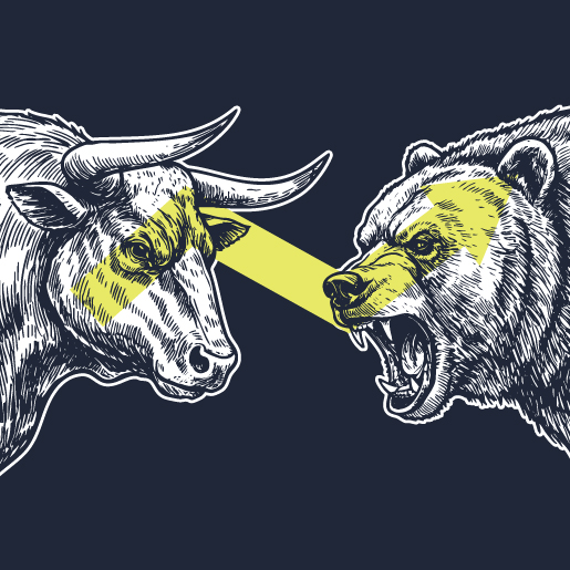Bull and bear illustrations facing off head to head